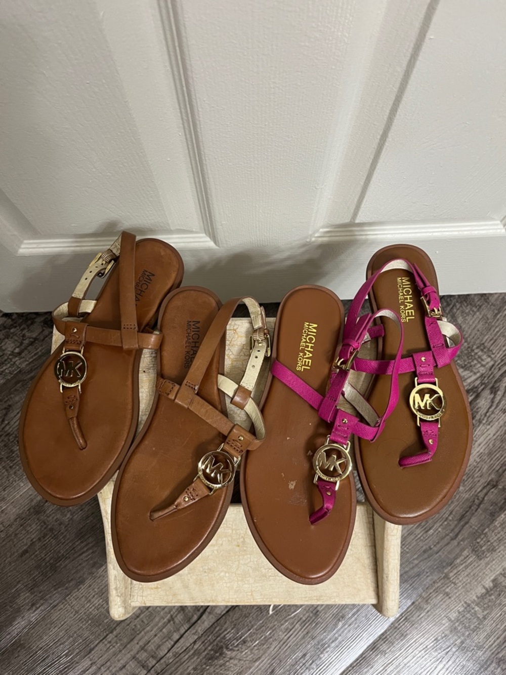 Michael Kors Brown and Fuchsia T-Strap MK Logo Sandals